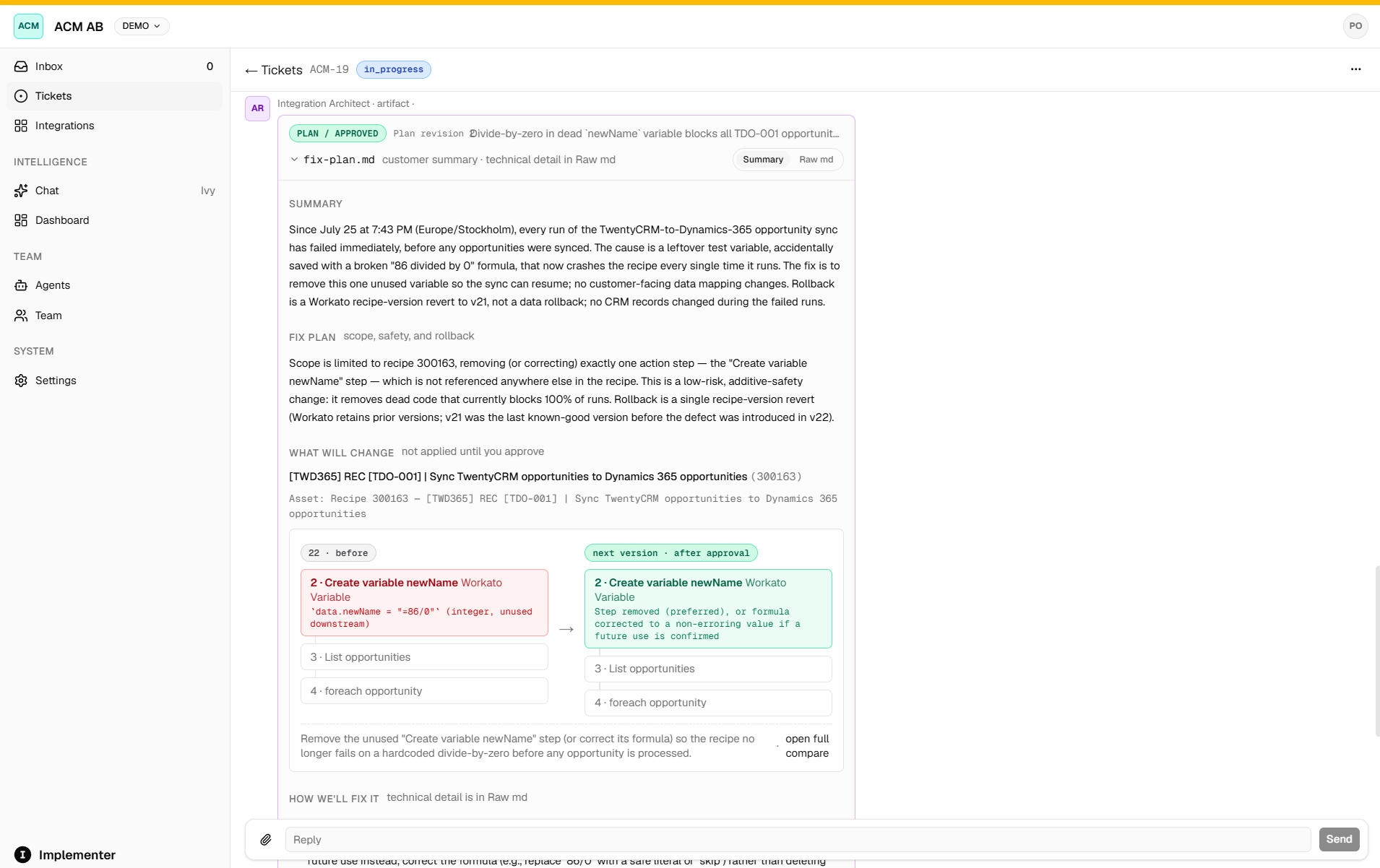 Illustrative Implementer incident workspace for a Dynamics 365 integration