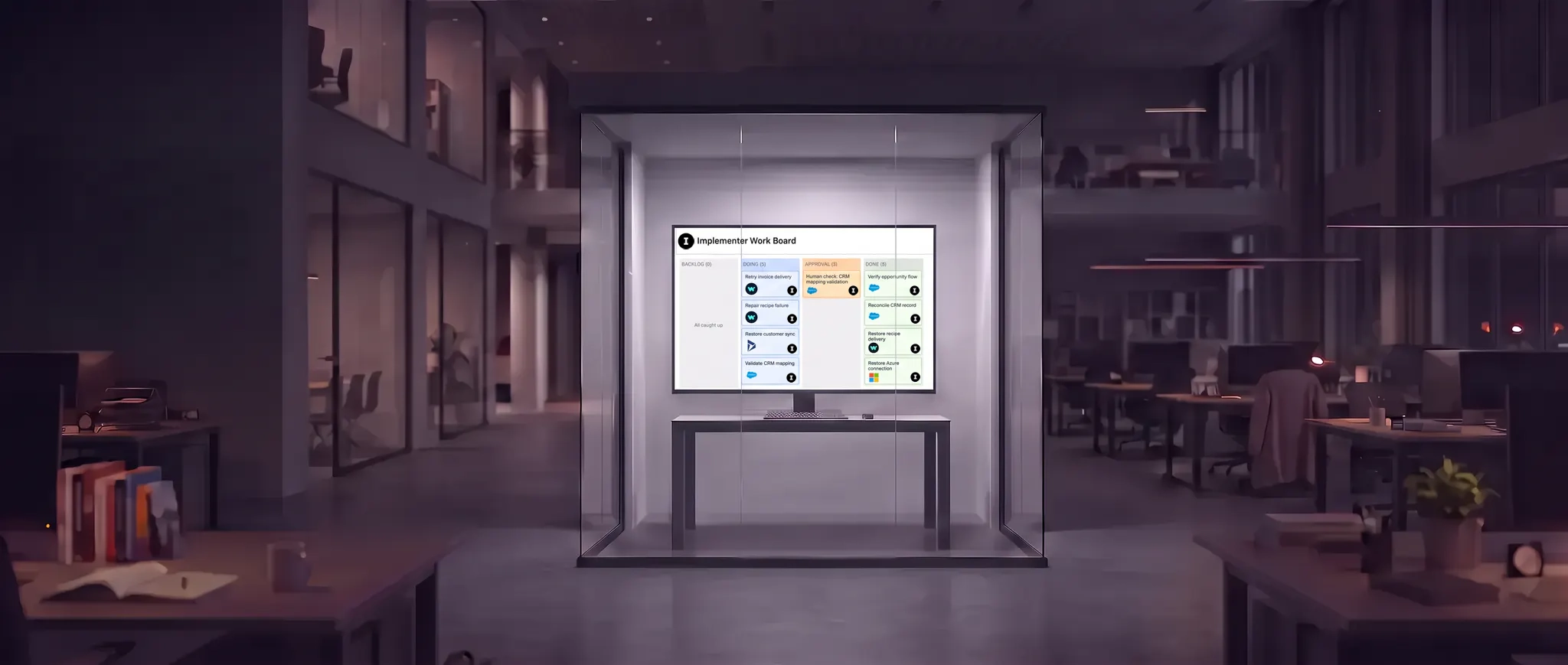 A sealed central workstation showing an empty backlog and a full completed-work column after hours