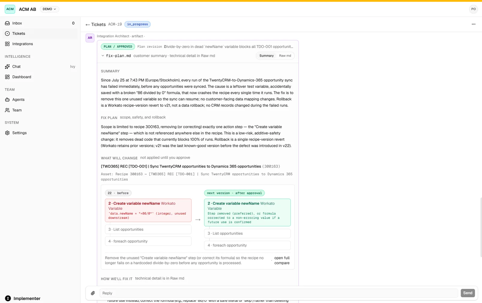 Illustrative Implementer incident workspace for a Dynamics 365 integration